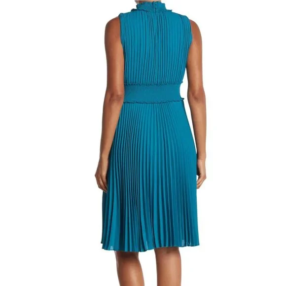 Nanette Nanette Lepore Teal Smocked Neck Pleated Sleeveless Dress 10 - Picture 4 of 15